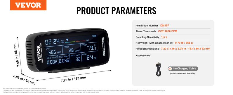 VEVOR Air Quality Monitor 9-IN-1, Professional PM2.5 PM10 PM1.0 Particle Counter, CO2, Temperature, Humidity, Formaldehyde TVOC AQI Tester, for Indoor/Outdoor, Air Quality Meter w/Alarm Thresholds VEVOR Air Quality Monitor 9-IN-1, Professional PM2.5 PM10 PM1.0 Particle Counter, CO2, Temperature, Humidity, Formaldehyde TVOC AQI Tester, for Indoor/Outdoor, Air Quality Meter w/Alarm Thresholds