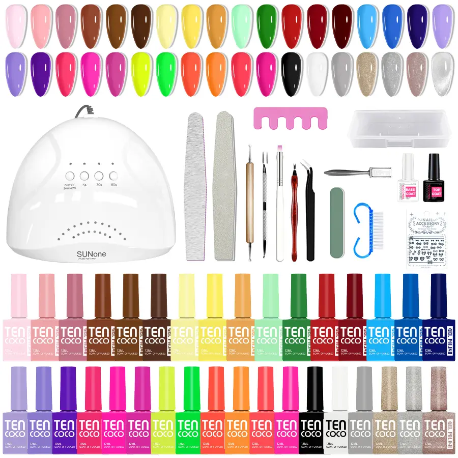 Tencoco 51 Pcs Gel Nail Polish Kit 35 Colors with Crystal Cat Eye Nail Art Tools Set UV Light Translucent Glossy Formula Perfect Gift for Women Manicure SummerVibes