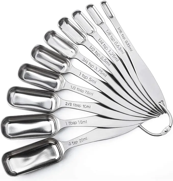 10pcs Stainless Steel Kitchen Utensils Measuring Spoon Kit - Narrow Rectangular Design Fits Spice Jars, Long Handles, Engraved Measurements, Detachable Ring, Dishwasher Safe for Baking/Cooking
