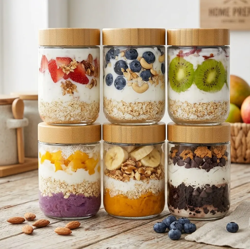 【HUOMAQFAN】 6 Pack 16 oz Glass Overnight Oats Containers with Bamboo Lids - Airtight Leak Proof Mason Jars with Wide Mouth, Reusable Portable Food Storage Containers for Chia Pudding, Yogurt, Salad, Meal Prep