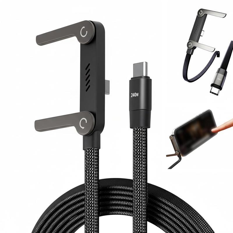 Invisible Phone Stand Charger Cable 240W Fast Charging 2-in-1 Type-C Charging Cord for Gaming Office Car Travel Black