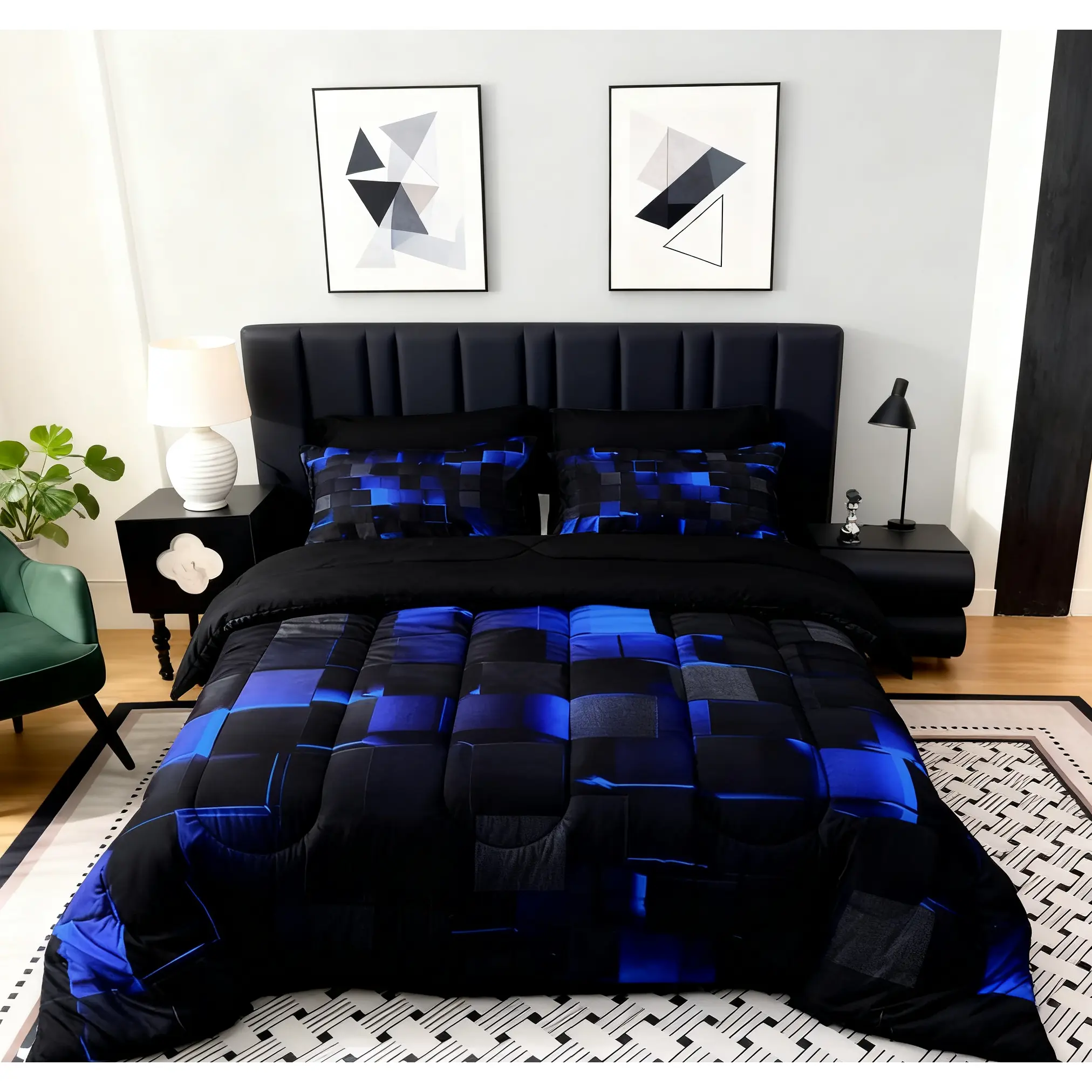 3-Piece Modern Bedding Set - 100% Polyester Tech Grid Thick Comforter Set with 180g Quilted Filling, Geometric Plaid Print, 1 Bed Comforter + 2 Pillowcases (Pillow Inserts Not Included) for Home & Dorm Decor