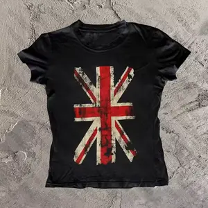 2000s Vintage US/UK Style Flag Baby Tee, Women's Punk Y2K, Streetwear Slim Aesthetic Print Grunge Crop Tops, Y2k Clothes, Gothic Emo Girls Tees Tops, 90s Flag Print Tops Summer, 2000s Fashion, OOTD, Gift For Her.