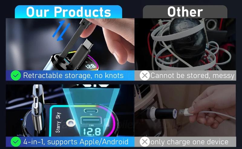 4-in-1 Starry Sky Retractable Car Charger 120W Top Projection Light Four-In-One Type-C+Lightning Dual Wires Usb+Pd Expansion Socket