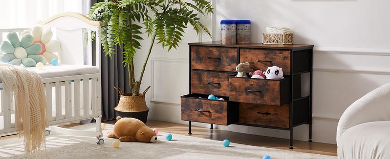 【Deal】Drawer Dresser Organizer Storage Drawers Fabric Dresser with 6 Drawers, Chest of Drawers with Fabric Bins, Long Dresser with Wood Top for Bedroom