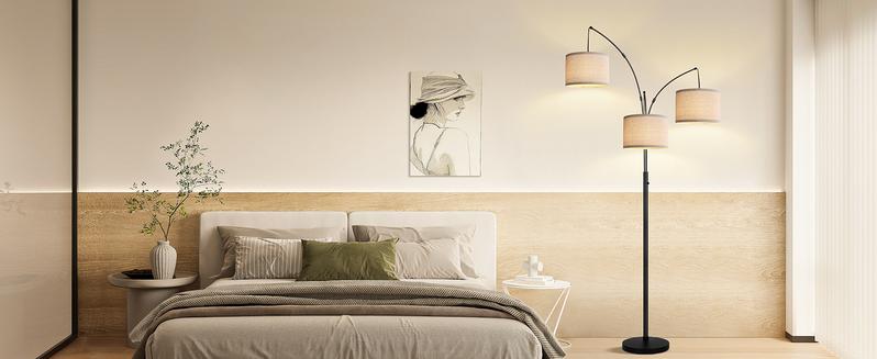 Hoodink Dimmable Floor Lamp - 3 Lights Arc Floor Lamps for Living Room, 1000LM Modern Tall Standing Lamp With Beige Shades & Heavy Base, Mid Century Tree Floor Lamp for Bedroom Office, 3 LED Bulbs Included