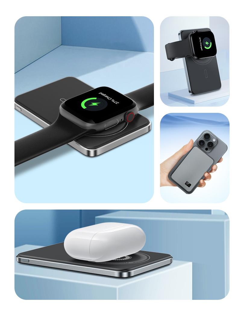 WESECUU 3-in-1 Magnetic Wireless Power Bank 5000mAh Ultra-Thin MagSafe 15W Wireless & PD 20W Fast Charging for Phone Watch Earbuds Compact Cable Metallic Protection
