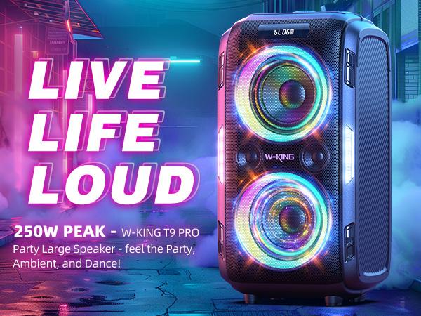 W-KING 270W Peak Bluetooth Party Speaker with 12 Custom Bass, 125dB Sound, IPX5 Splashproof, USB/TF/AUX, Microphone/Guitar Port, RGB Lights, Portable & Removable Battery - Digital Weatherproof Loudspeaker System