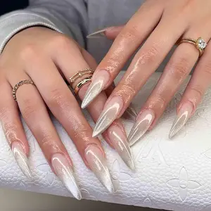 Silver Chrome Press On Nails | Shimmery Gradient Metallic Long Stiletto Nails | Handmade Luxury Nails for Bridal Party Night or Elegant Gift