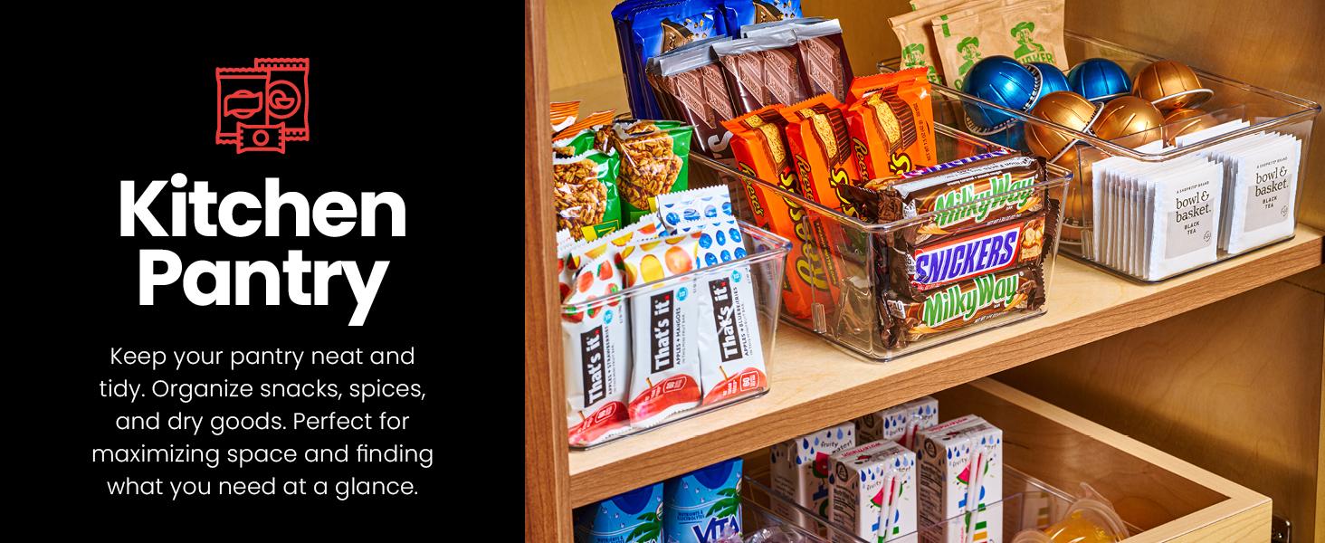 8 Pcs Clear Pantry Organizer Bins - Fridge Organizer with 3 Removable Dividers, Ideal for Kitchen, Pantry, Refrigerator, Freezer, and Snack Storage Clear Organizer Bins Fridge Organizer Bins Clear Kitchen Cabinet Organizer Bins  Snack Drink Organizer 1.1