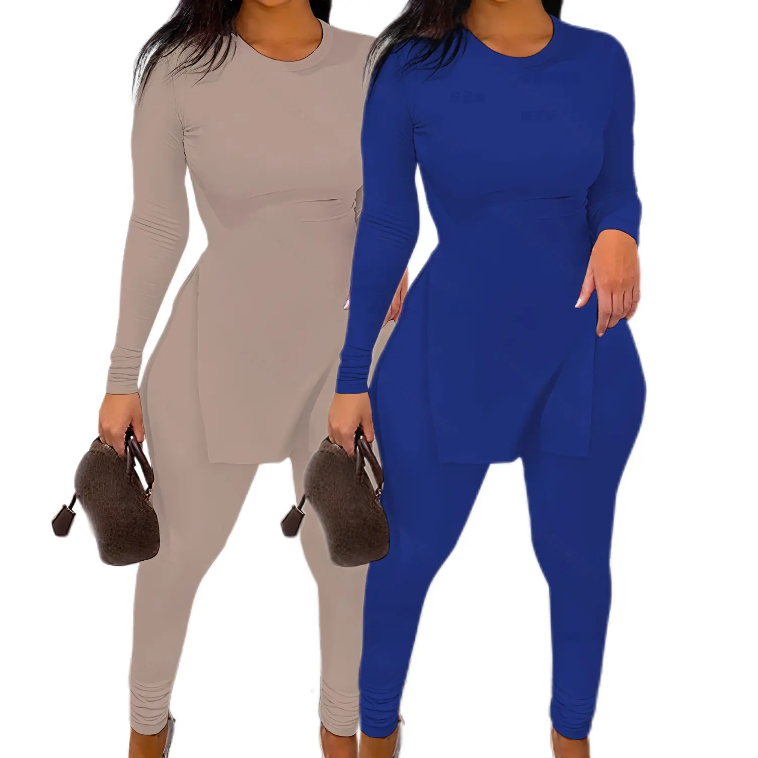 Women’s Plus Size 2-Piece Long Sleeve Tunic & Leggings Set - Solid Color, Comfortable Stretchy Basic Top, Essential Soft Casual Tracksuit for Curvy Women, Cozy Fall Winter Lounge Wear