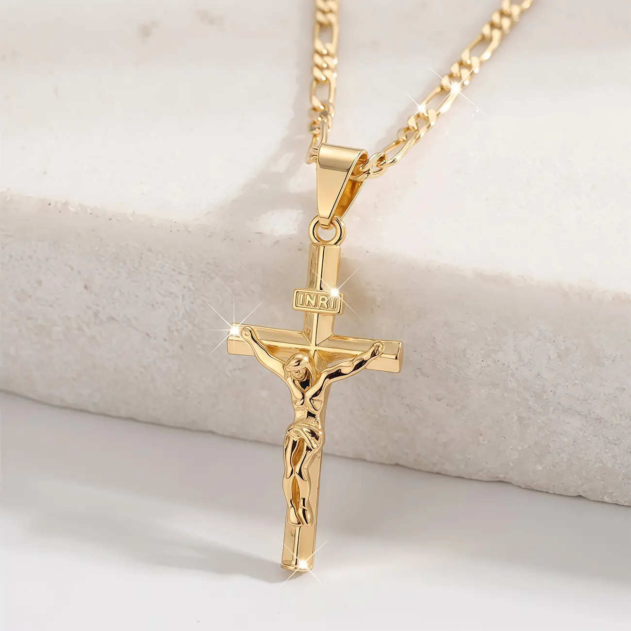 Men's Vintage 14K Gold-Plated Jesus Cross Necklace - Smooth, Sturdy Chain, Religious Costume Jewelry for Daily Wear, Gifting