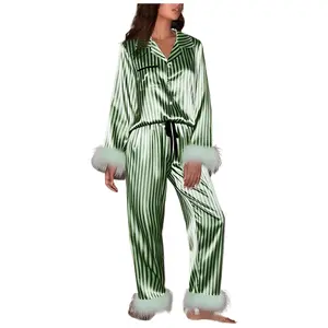 Womens Christmas Pajamas Set Long Sleeve Feather Trim Button Down Top and Pants 2 Piece Bridal Sleepwear