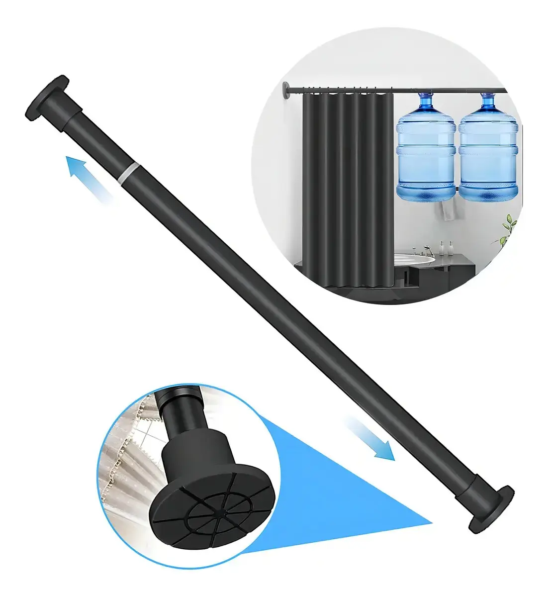 43.31–78.74 in no-drill extendable curtain rod, gravity compensation anti-slip support rods for home wardrobes, bay window curtains, and shower curtains, universal extendable rod available in black
