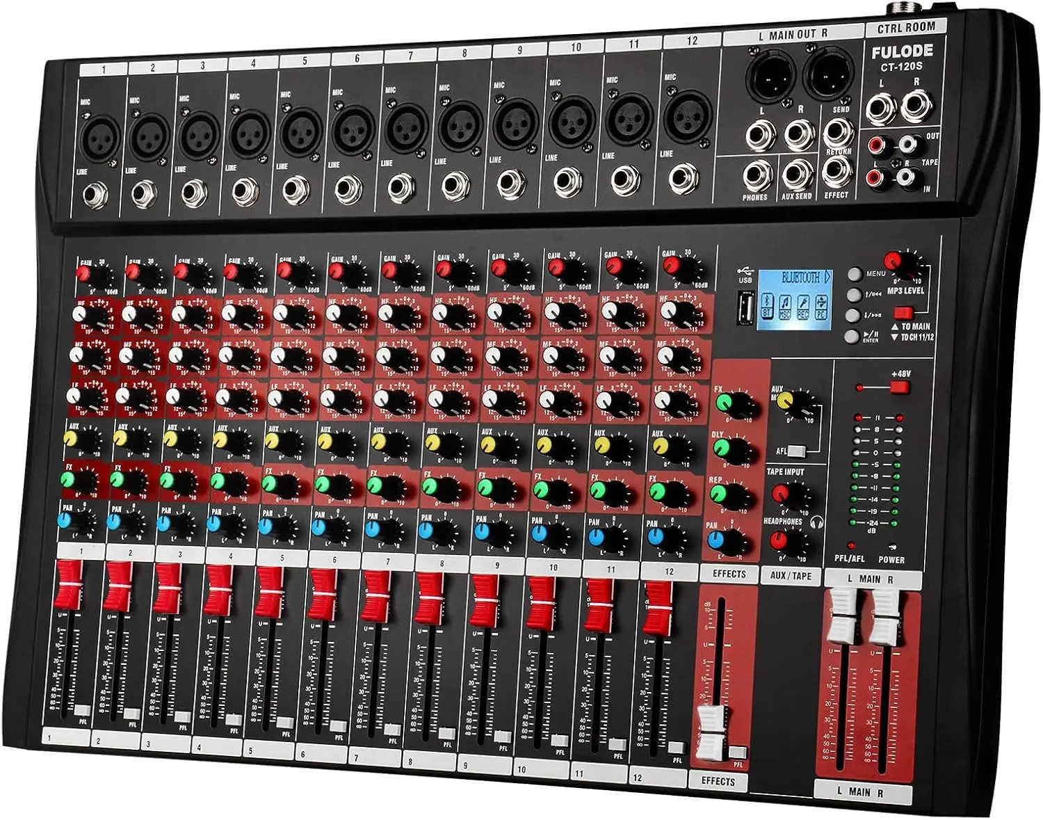 12 channel mixer audio,Console with Bluetooth USB, dj mixer,dj equipment for Computer Recording Input, 48V Power, Beginners