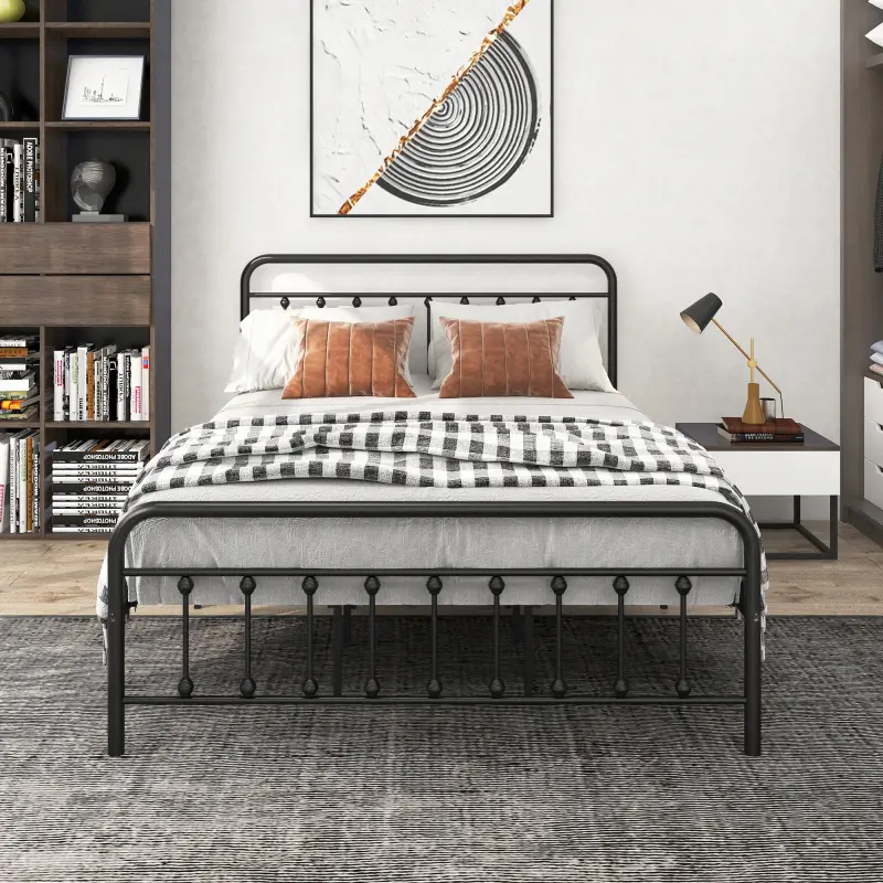 Queen Size Metal Platform Bed Frame/Victorian Style Headboard and Footboard/Steel Slat Support/Easy Assembly/No Box Spring Needed/Underbed Storage/Noise Free/Black