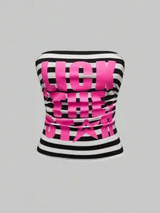 Y2K Style Fuchsia Slogan & Star Print Ruched Bandeau Crop Top For Women