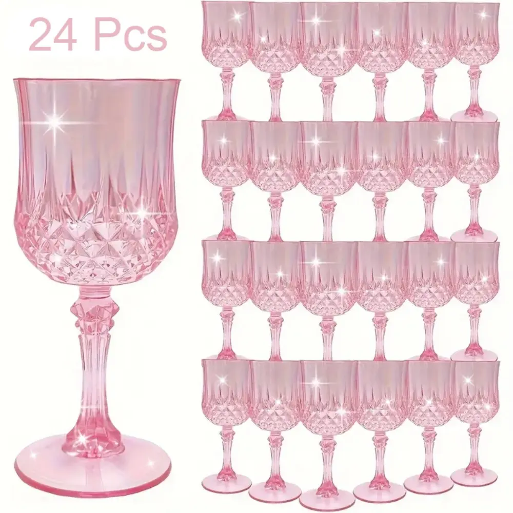 Retro Pink Plastic Stemmed Drink Glasses - 24-Pack 7oz Stackable Lightweight Set, Retro Bar Look Picnic-Ready Cups for Wedding Party, All Seasons Festive Supplies