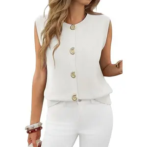 Cicy Bell Womens Cropped Sweater Vest Round Neck Sleeveless Button Up Cardigan Casual Knit Tank Tops