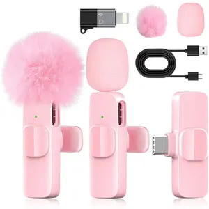 Pink Wireless Lavalier Microphone for iPhone Mini Clip-On Mic with Lightning & USB-C Receiver Noise Cancellation Portable Lapel Mic for TikTok YouTube Podcast Interview Live Streaming