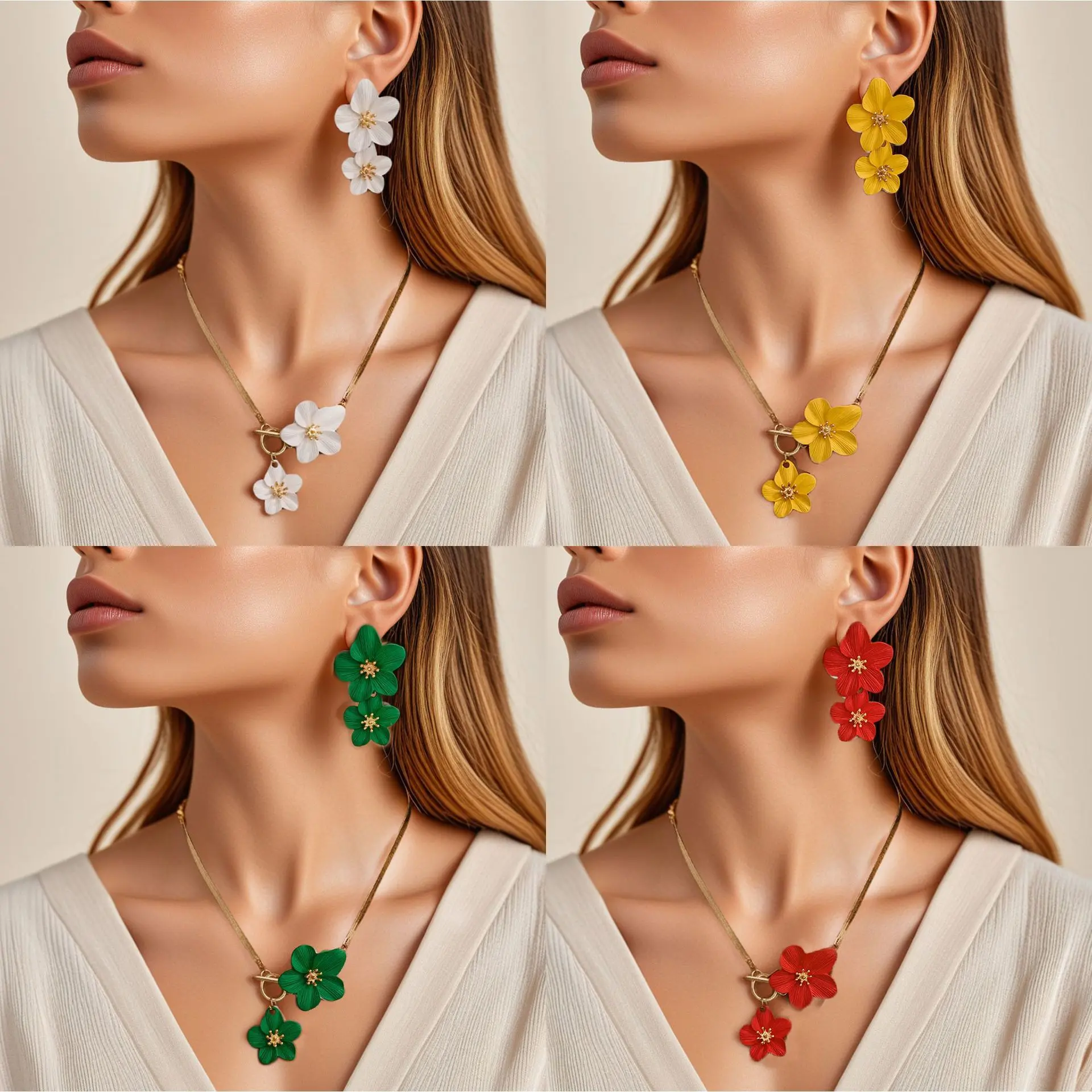 Fashion Jewelry Set, Necklaces Earrings Set, Matte Acrylic Colorful Flower Drop Earrings & Pendant Necklace, Cottagecore Aesthetic for Summer Beach Vacation Gift (Sports & Outdoor Accessory Complement), Accessory Set