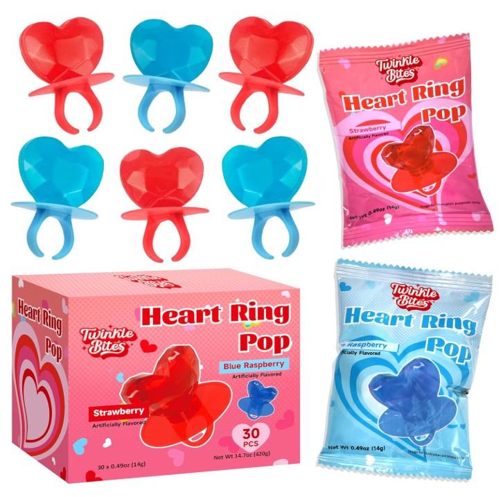 30 Pack Valentines Day Ring Candy – Individually Wrapped Holiday Themed Lollipops – Strawberry, Blue Raspberry Delicious Flavors – Bulk Suckers Great Use, For Kids Party Favor, Classrooms Partys, Goodie Bags