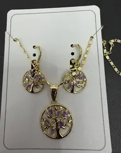 Arbol de la Vida Purple Gemstones Earrings & Necklace Set Oro Laminado Finish for Any Occasion