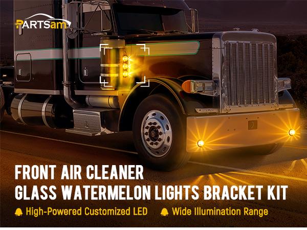 Partsam 1Pcs Radius-Style 14" Front Air Cleaner Bracket with 3Pcs Glass Watermelon Lights for Peterbilt Kenworth Peterbilt, Clear Lens, Manufacturer Warranty