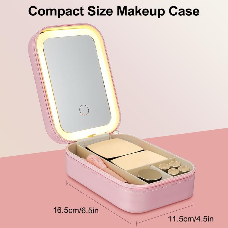 Makeup Bag with Mirror and Light Travel Makeup Train Case Cosmetic Bag, LED Makeup Mirror Case with 3 Adjustable Color Light Settings, Dust-Proof Jewelry Box, Mini Cosmetic Train Case