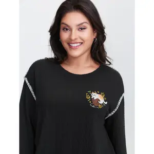 【Summer Turn-Up】BLOOMCHIC Plus Size Cat Embroidered Dogstooth Edge Sweatshirt [M-6X] 2026 Summer Vibes