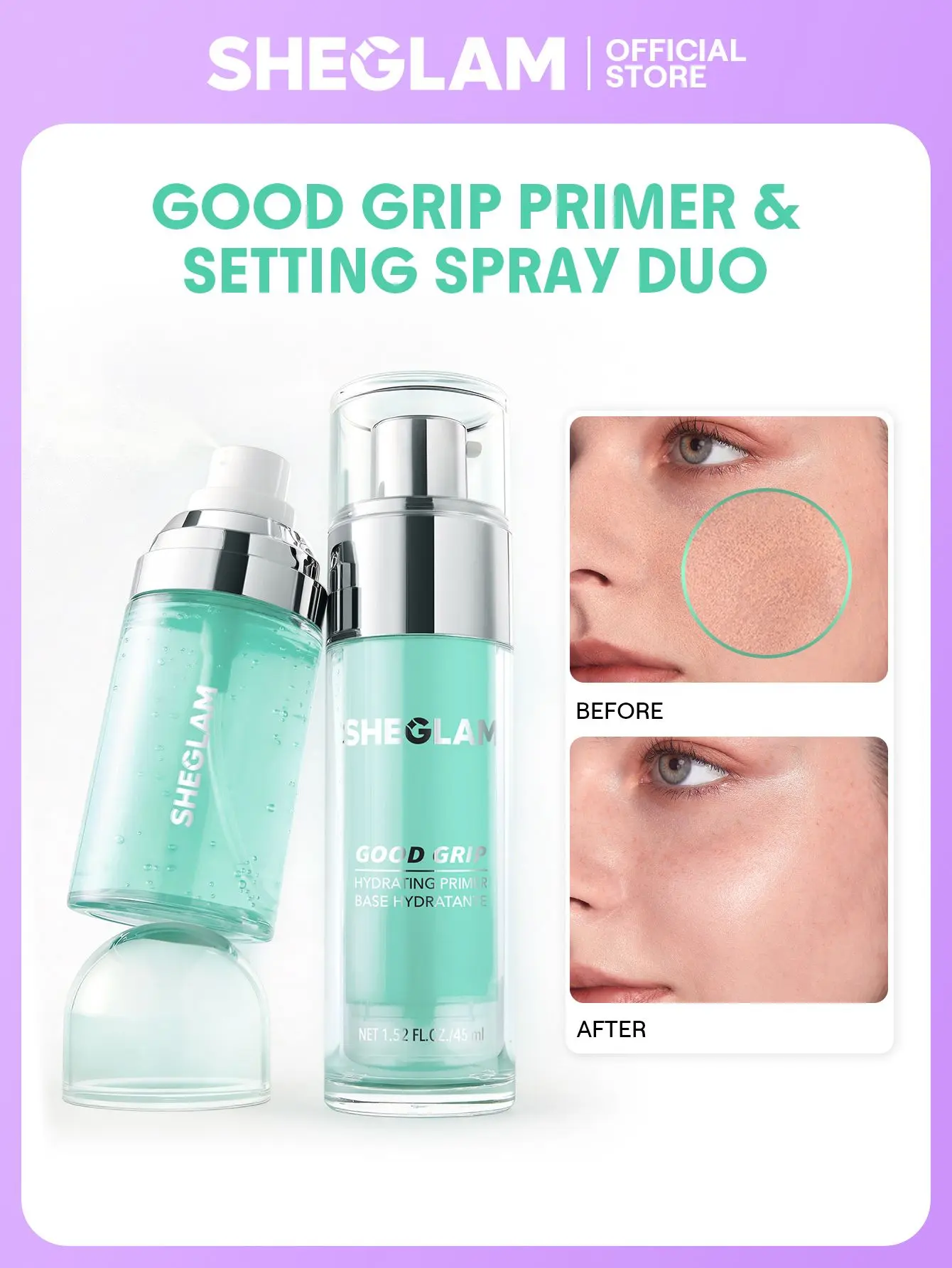 SHEGLAM Good Grip Hydrating Primer Set Lightweight Moisturizing Makeup Base Smooth Pore Minimizing Long Lasting Dewy Finish Face