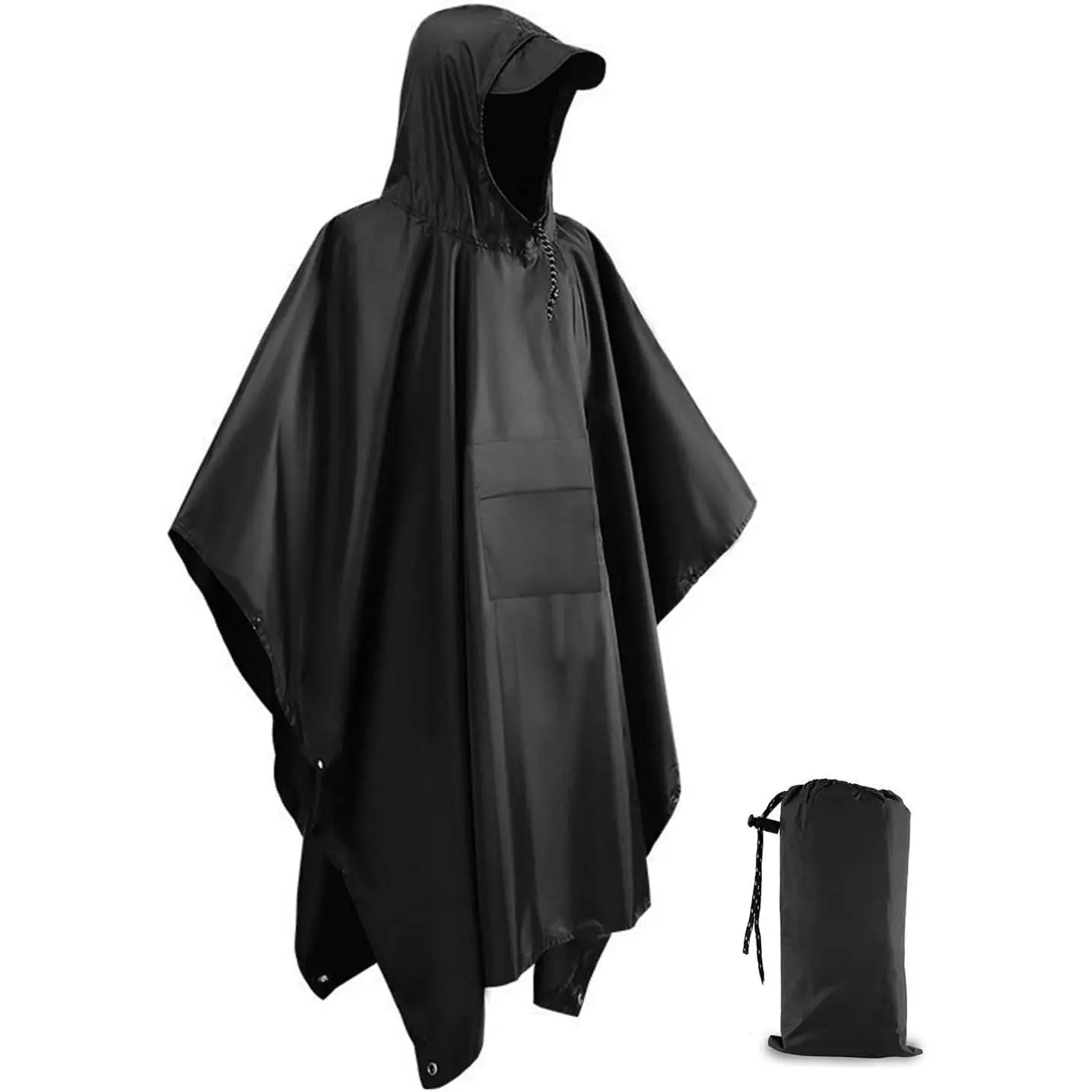 3-in-1 Hooded Rain Poncho, Outdoor Waterproof Ripstop Nylon Rain Gear for Men & Women, Heavy Duty, Lightweight & Packable for Hiking, Converts to Emergency Tarp Shelter, Rainproof, Velcro, Traveler, Drawstring
