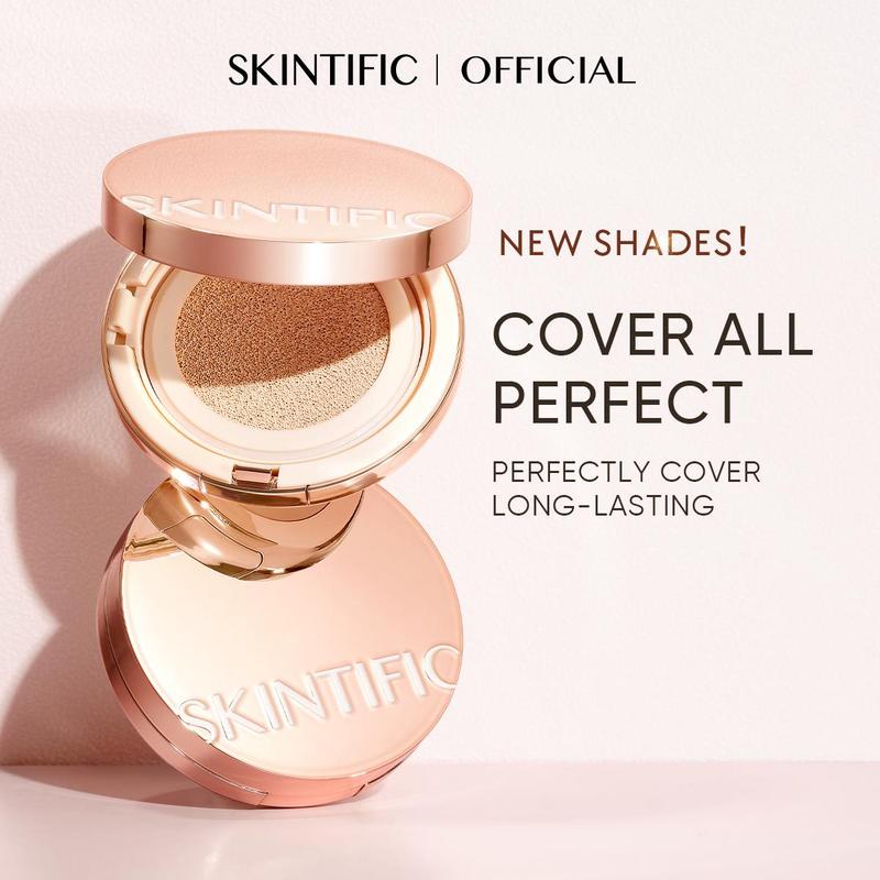 [New Shade Launch] SKINTIFIC Cover All Perfect Cushion Foundation Full Coverage Weightless Skin Fit Satin Glow Oil Control Waterproof Sweatproof Flawless BB Cream CC Makeup Buildable For All Skin Type - Silicone Smooth Compact
