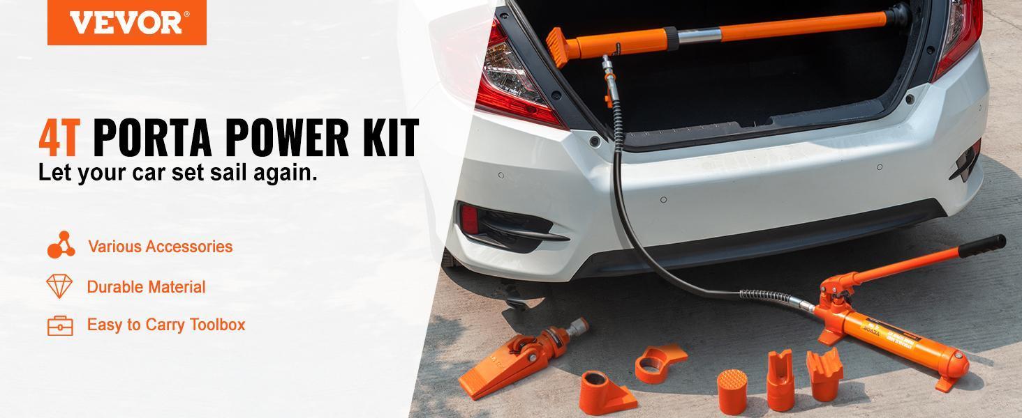 VEVOR 4 Ton/8800 LBS Porta Power,  Portable Hydraulic Ram with 3.9 ft/1.2 m Oil Hose, Auto Body Frame Repair Kit with Storage Case for Car Repair, Truck, Farm
