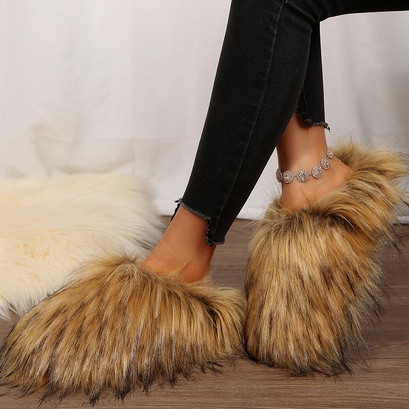 Women's Faux Fluffy Slip On Slip Slipper Fuzzy Round Toe Comfortable Bedroom Slipper Thick Plush Casual Indoor Outdoor Shoes Springfresh