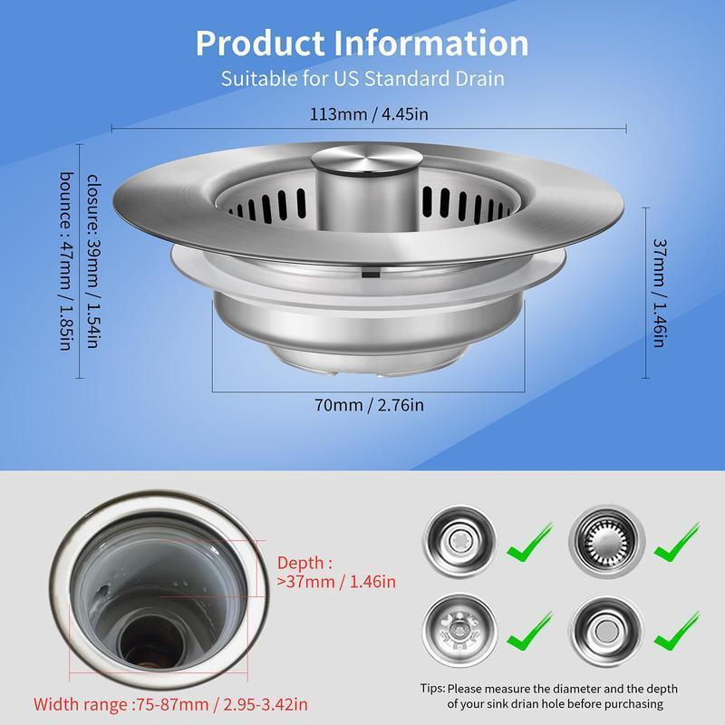 Kitchen Sink Strainer Combo 304 Stainless Steel Pop-up Stopper Anti-Clogging Bounce Core Filter US Standard 3-1/2'' Drain Size Kitchen Sink Strainer Combo 304 Stainless Steel Pop-up Stopper Anti-Clogging Bounce Core Filter US Standard 3-1/2'' Drain Size