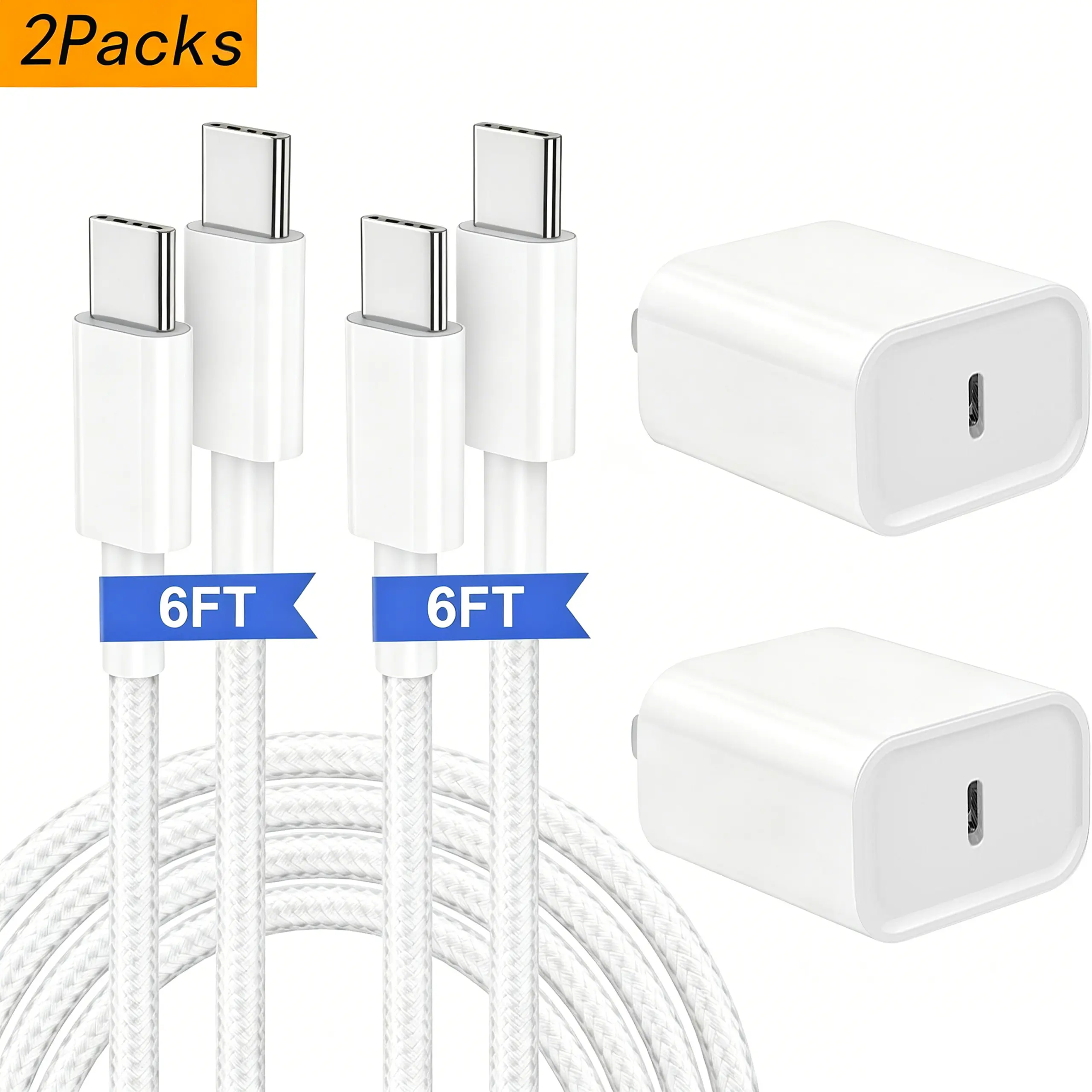 [MFi Certified] 2 Pack 20W  Super Fast USB-C Charger + 6FT/10FT Type-C to C Cable Kit, High Speed Charging Block for iPhone 14/15/16/17, iPad Pro/Air/Mini, Universal USB C Cell Phones, Portable Travel Charging Adapter#Back To School