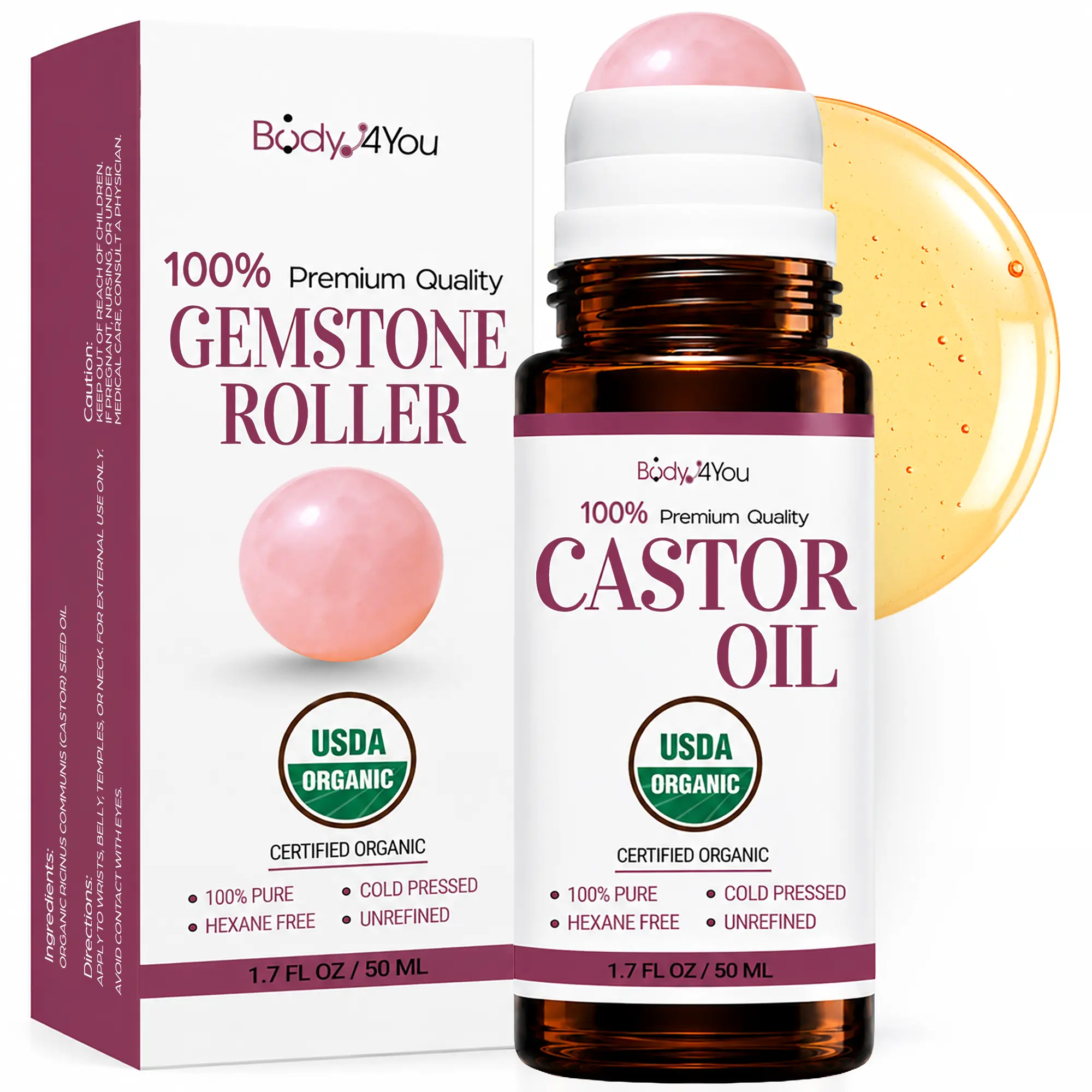 Organic Oil Roll On Serum - 100% Pure Natural USDA Certified Cold Pressed - Anti-Aging Moisturizer Face Hair Body Skin Care - Vegan Non-GMO Hexane Free Unrefined - Rose Quartz Roller Amber Glass 1.7oz