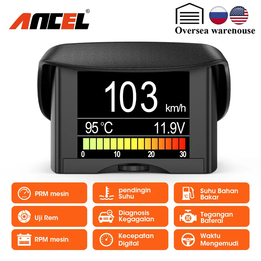 ANCEL A202 OBD2 Car Monitor - 2.4 Inch LCD, 32-Bit ARM Cortex-M3, 72MHz OBD Port Device, 9-18V, for Gauge-Less Cars, Customizable Display, Smart Warning System, Shows Speed, RPM, Fuel Consumption, Engine Temp, Battery Voltage, Built-In Performance Tests