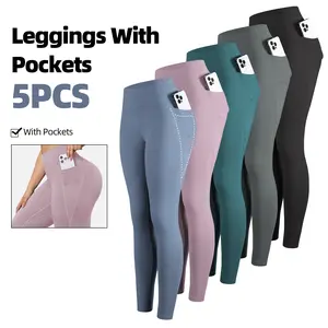 CHRLEISURE 5PCS High Waisted Leggings with Pockets for Women Sports Butter Soft Pants for Running Cycling Yoga Workout Leggings yoga leggings