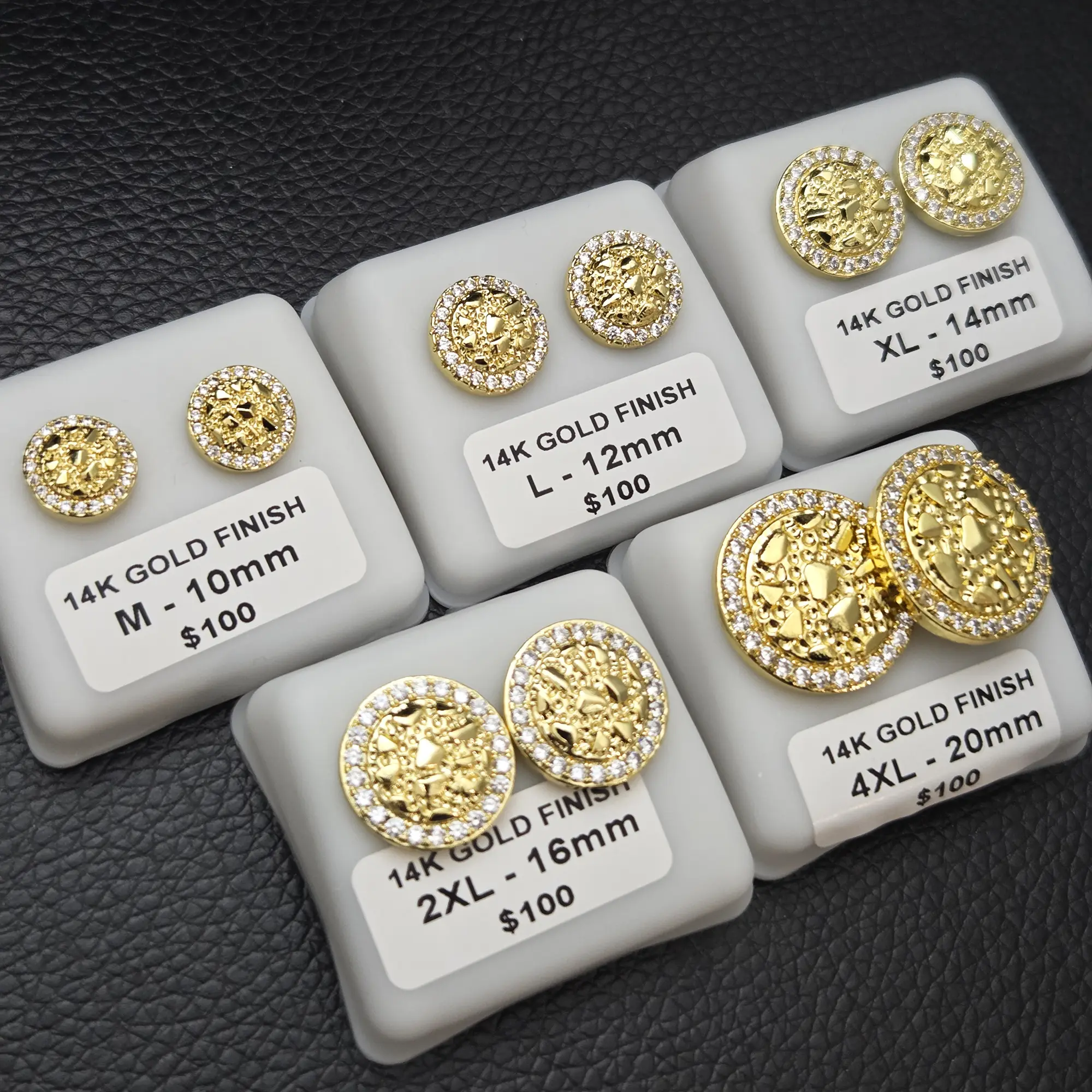 MaxBling81 14K Solid Brass Golden Nugget Earrings, Iced Moissanite Stud Jewelry, Multi-Size (10mm/12mm/14mm/16mm/20mm) for Daily Wear, Women's Gifts, Unisex Fashion Accessory
