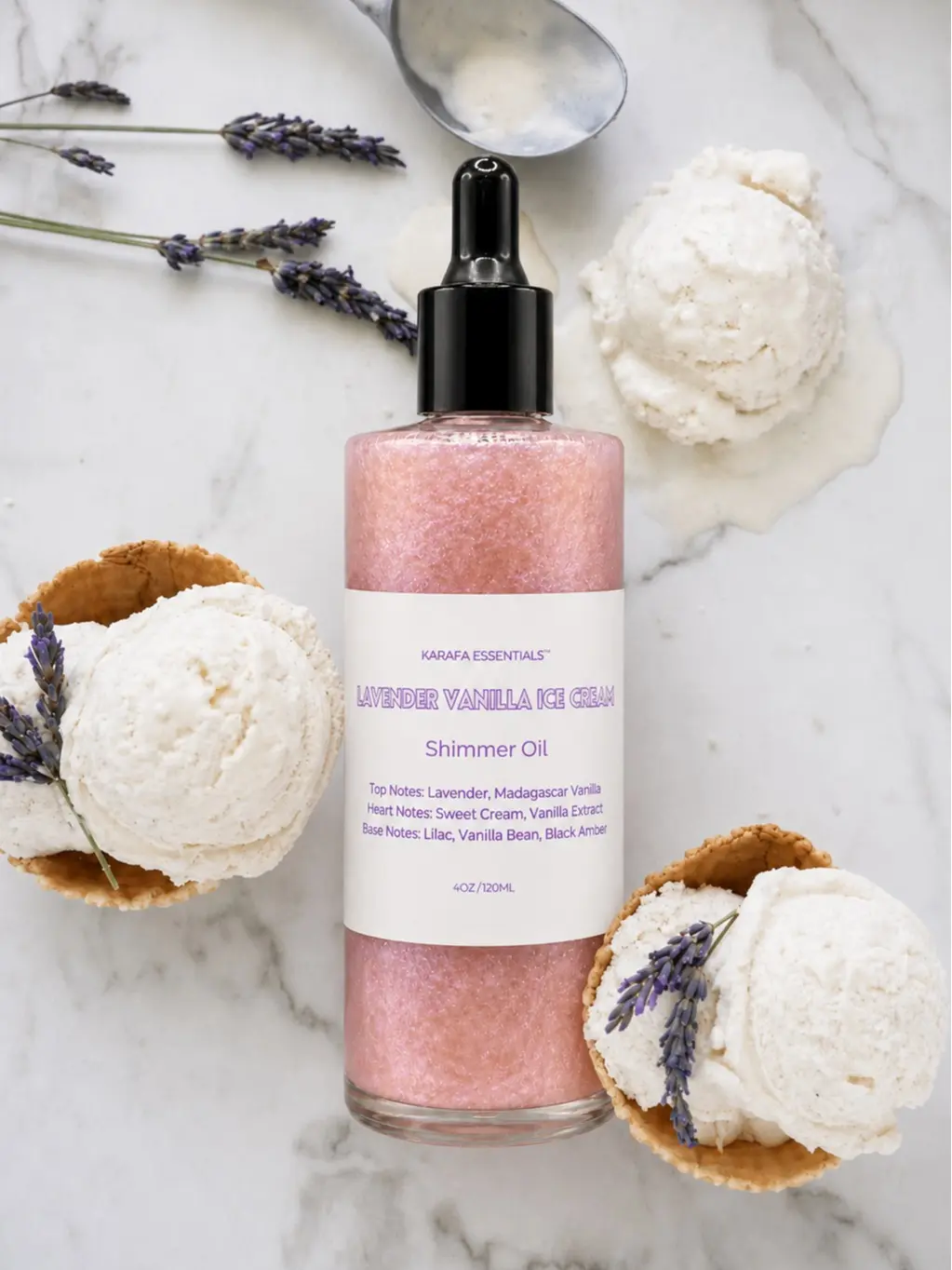 Lavender Vanilla Ice Cream Body Oil Lavender, Madagascar Vanilla, Sweet Cream, Vanilla Extract, Lilac, Vanilla Bean, Black Amber by Karafa Essentials Coconut