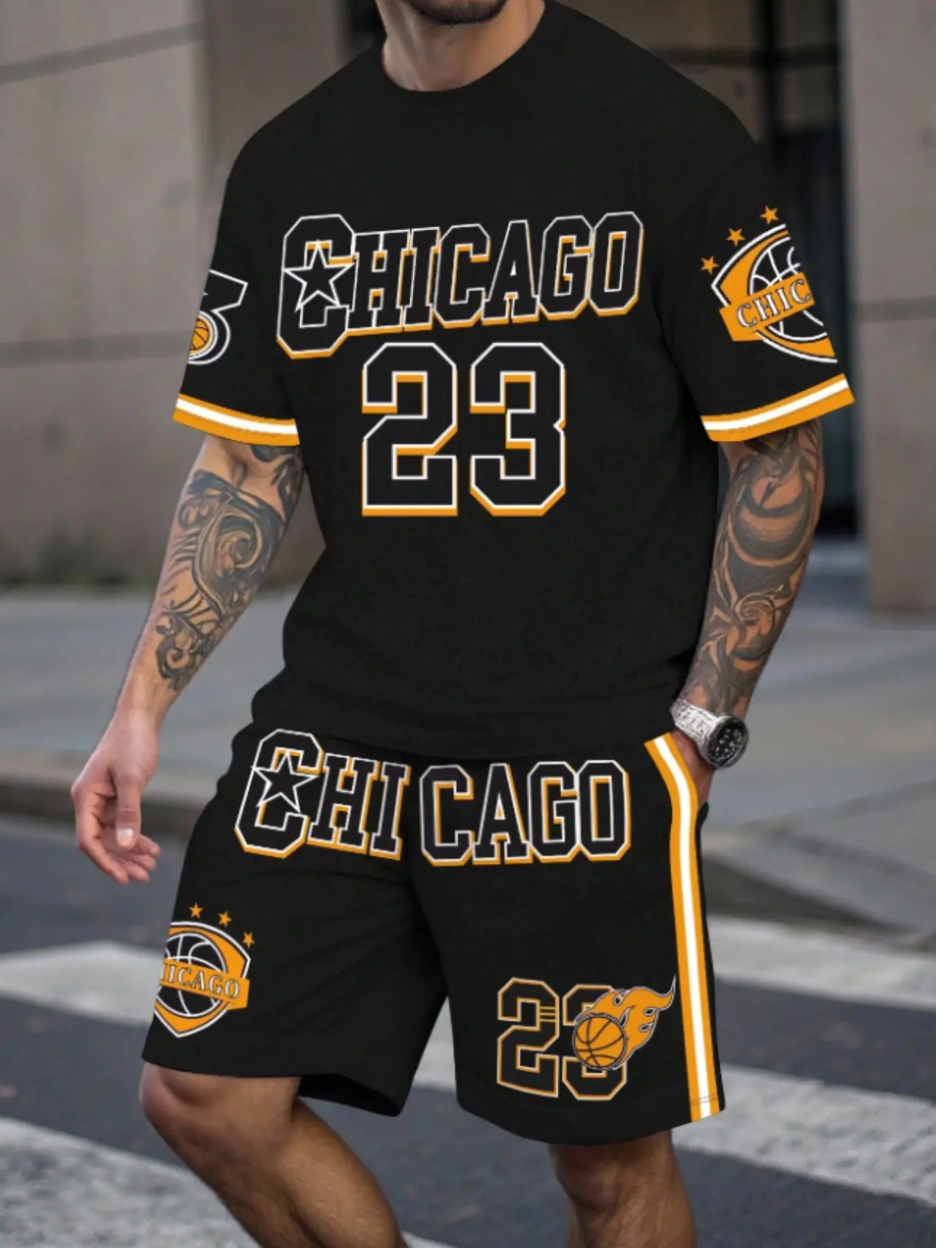 Men's Street College Basketball Jersey Set, Chicago Fire 23 Number 3D Print Two-Piece Basketball Shirt, Casual Fitted All over Print Sportswear Clothing