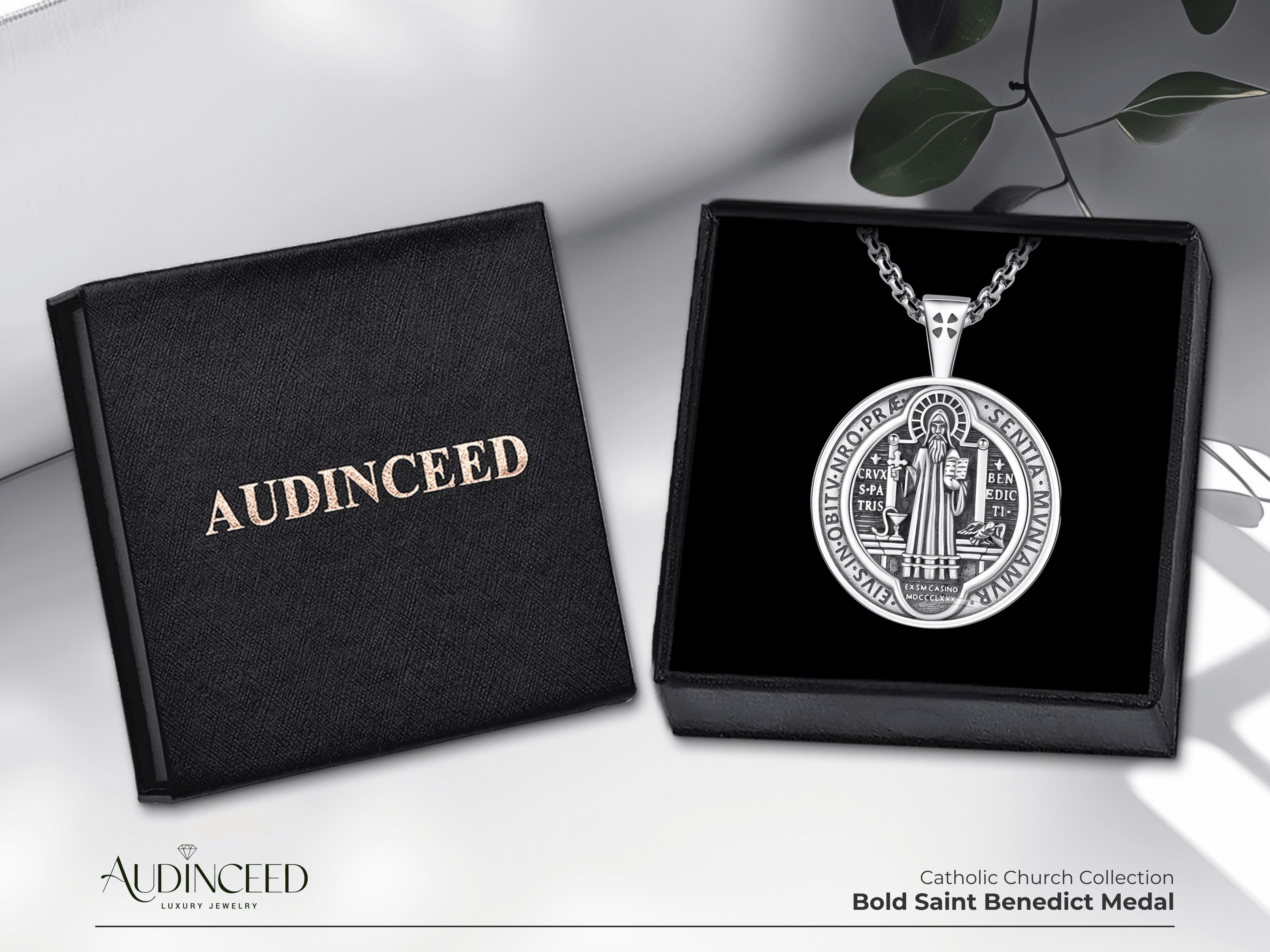 Audinceed St Saint Benedict Medals Necklace, Solid S925 Sterling Silver Medalla de san benito Catholic Church Protection Silver Necklace Pendant Religious Blessed Amulet Jewelry Gift for Faith Safety Fathersdaygift