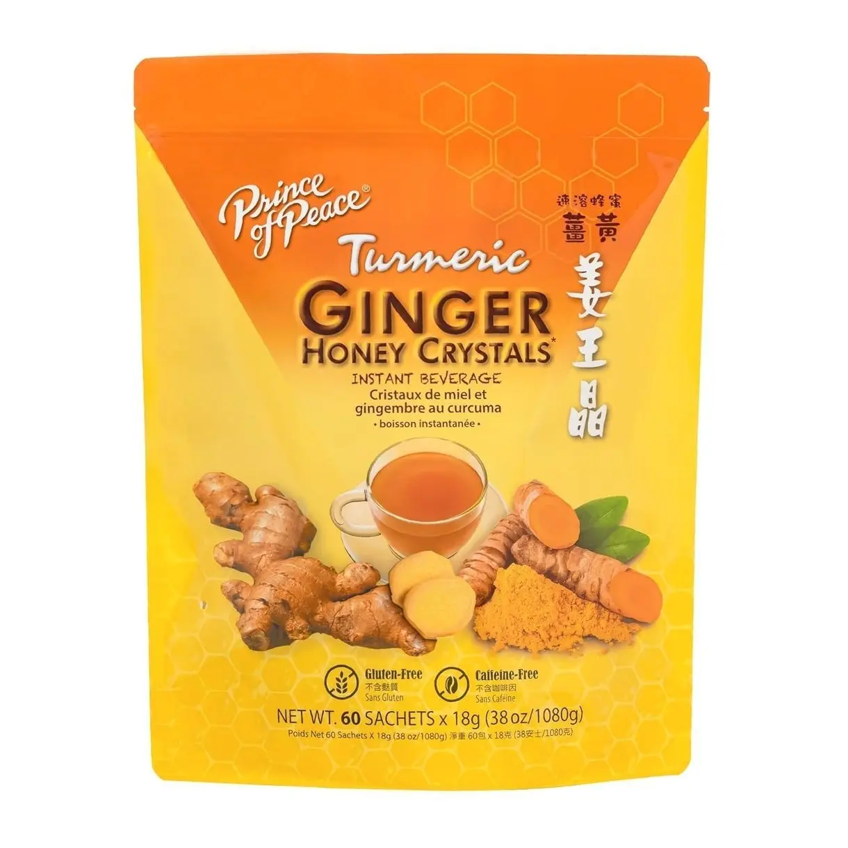 Prince of Peace Instant Ginger Honey Crystals with Turmeric, Value Pack 60 Sachets – Instant Hot or Cold Beverage Easy to Brew – Drink Like a Tea – Caffeine and Gluten Free – Real Ginger 38oz (1080g)undefined
