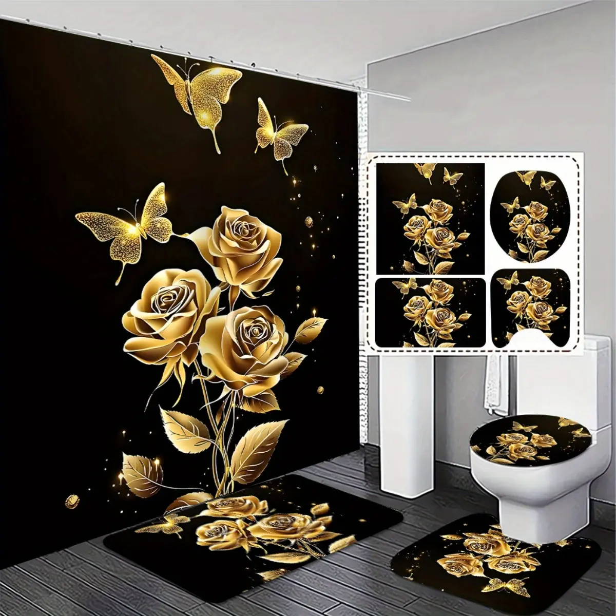 4pc, Valentine's Day Gift Luxury Golden Rose and Butterfly Bathroom Set - Shower Curtain, Bath Non-Slip Mats Rugs, Toilet Lid Cover, Light Blocking, Anti Slip and Absorbent, Exquisite and Practical Home Decoration Gift.