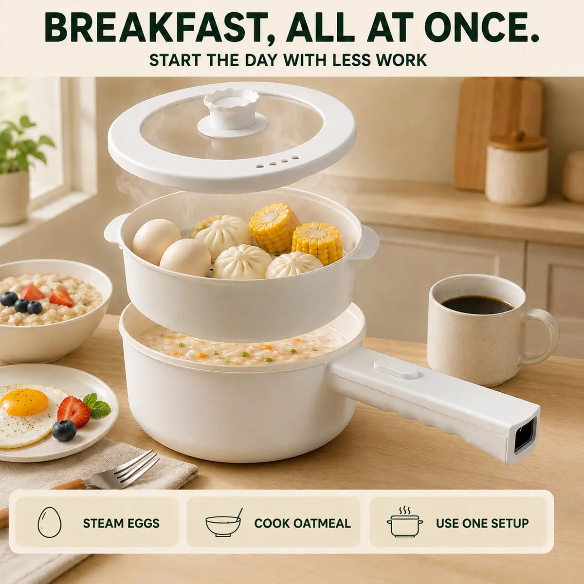 Pacilack 1.7L White 2-in-1 Portable Electric Cooker with Steamer Basket & Visible Glass Lid, Non-Stick Fast-Heating Multifunctional Hot Pot Skillet for Daily Meals, Eggs, Noodles