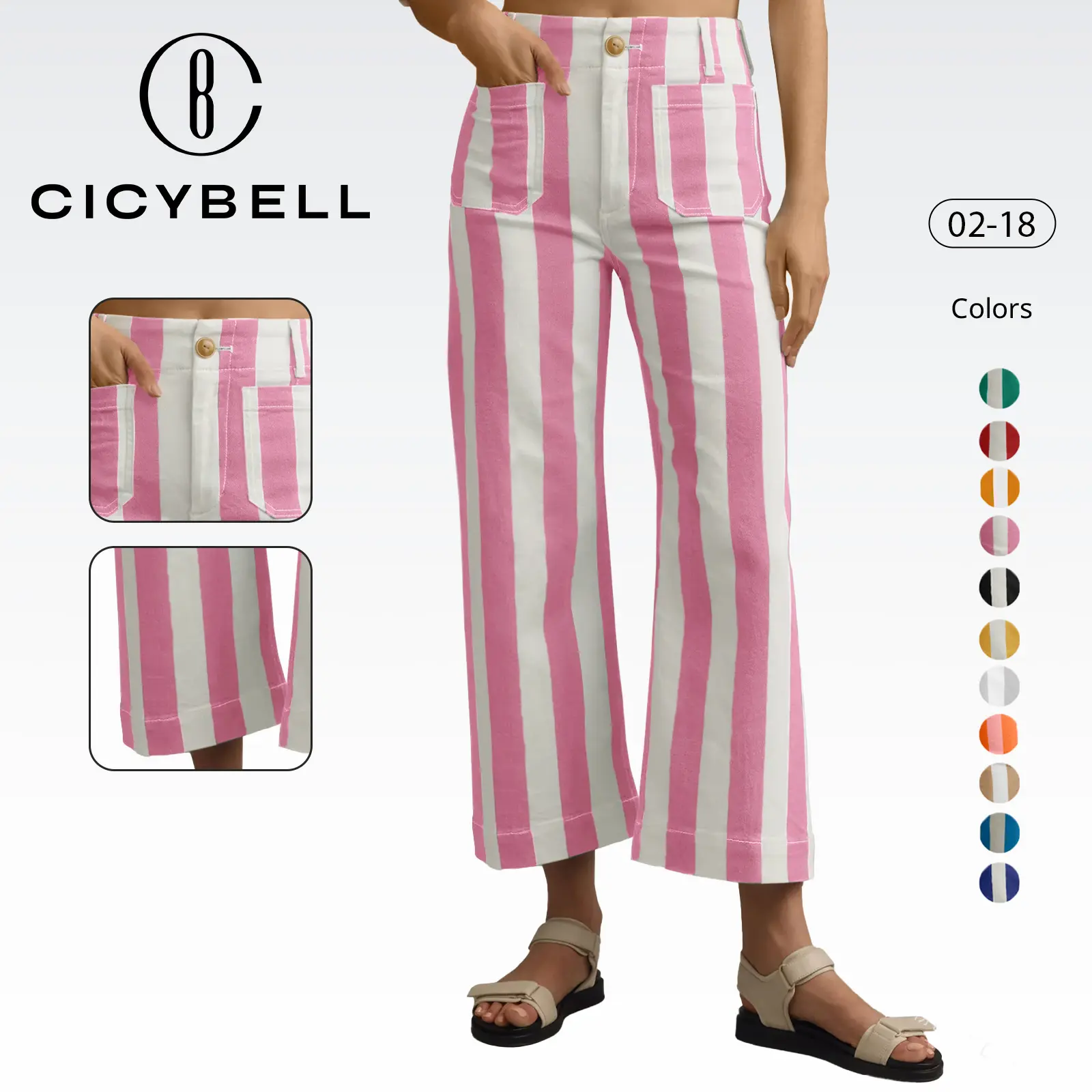 Cicy Bell Womens Cropped Striped Jeans Casual High Waisted Stretchy Polka Dots Straight Leg Denim Pants with Pockets