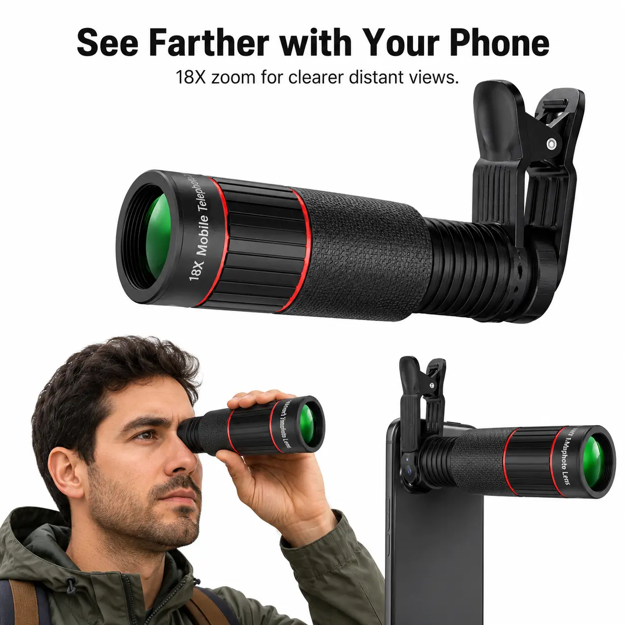 20X HD Zoom Cellphone Telephoto Lens Telescope, Clip-On Mobile Photography Accessory for Concerts & Sports Games, HD Long Distance Camera Lens for Travel