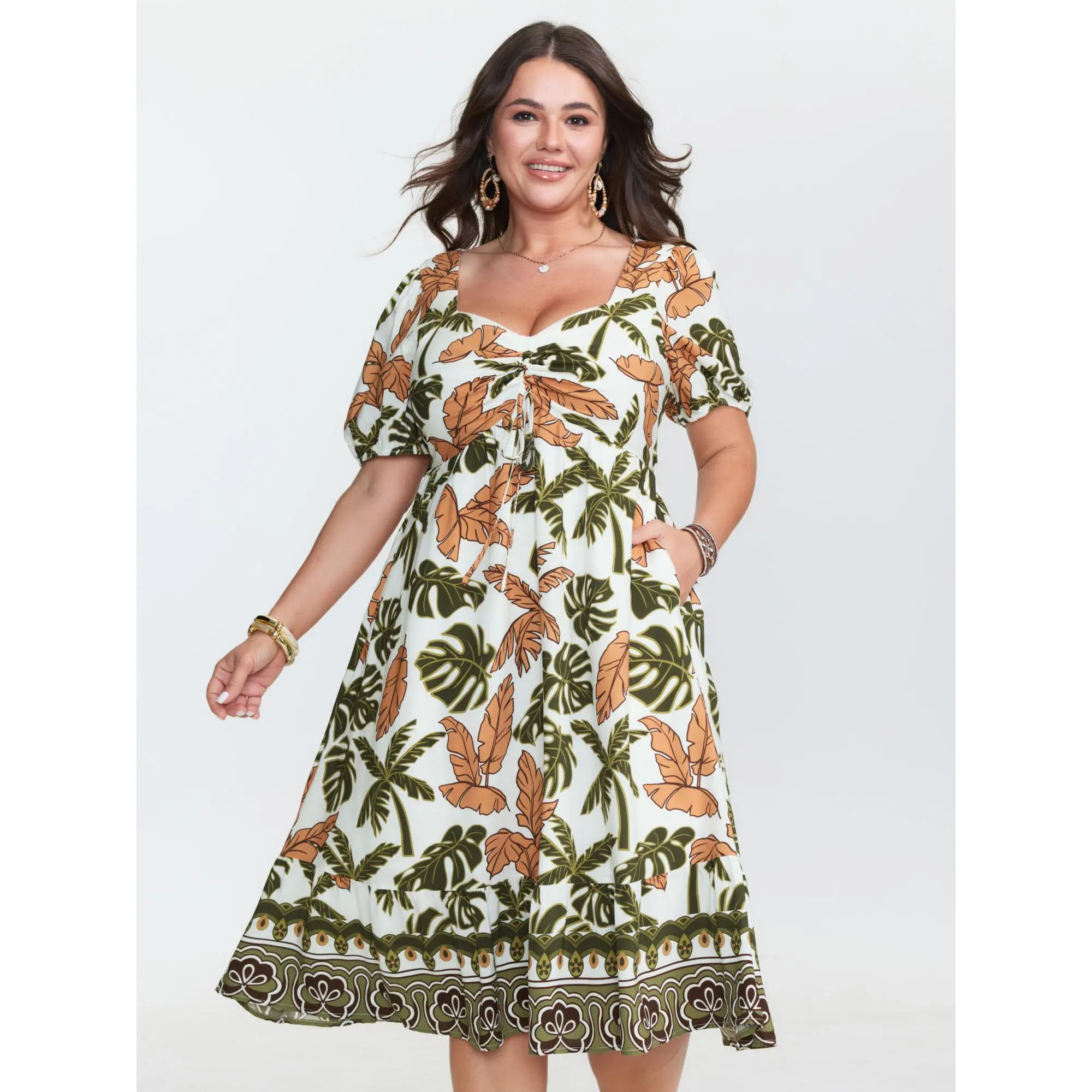 BLOOMCHIC Women's Multicolor Tropical Print Rayon-Shell Casual Midi Dress - Ruched Sweetheart Neckline, Half Puff Sleeves, Drawstring Tie, Soft Flowy Fabric, Pocket, Resort Wear, Cold Wash, Low Iron, No Tumble Dry (Swimweek Deal)